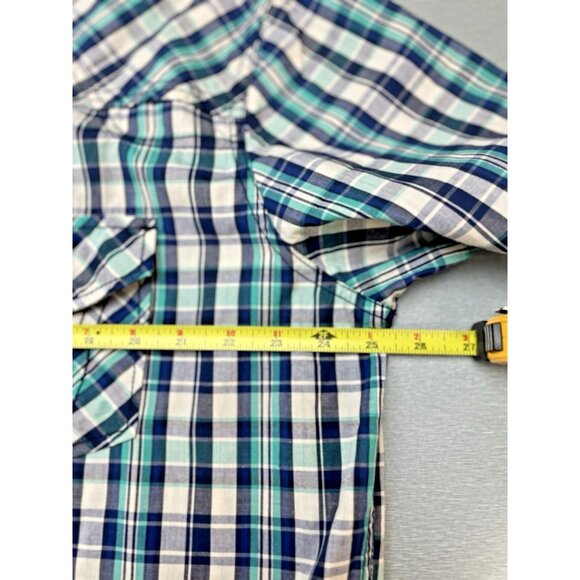 7 Diamonds Shirt Mens XXL Pearl Snap Short Sleeve Plaid Western Retro Green/Blue - Picture 9 of 15